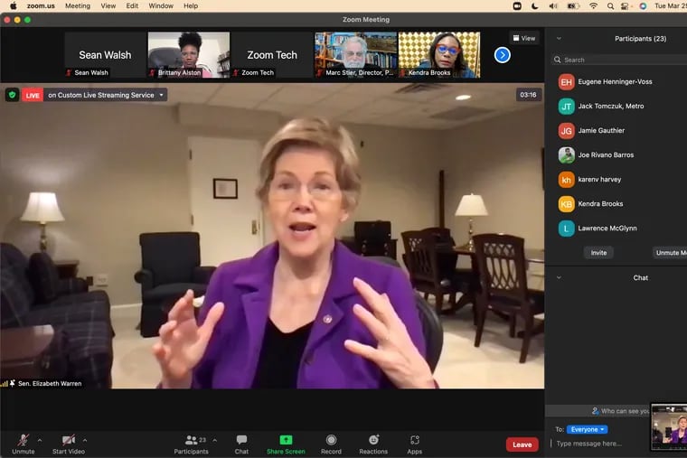U.S. Sen. Elizabeth Warren (D., Mass.) speaks at a virtual news conference promoting a proposal to create a "wealth tax" in Philadelphia.