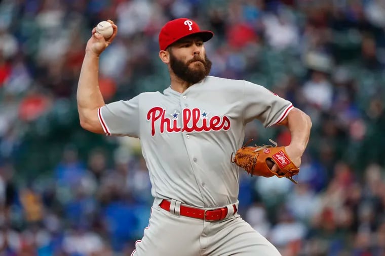 Philadelphia Phillies starting pitcher Jake Arrieta delivers against the Chicago Cubs during the first inning of a baseball game, Monday, May 20, 2019, in Chicago. (AP Photo/Kamil Krzaczynski)