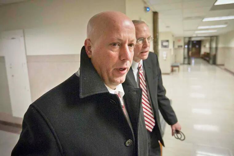 Patrick Reese, security chief for Pennsylvania Attorney General Kathleen Kane arrives at courtroom C in the Montgomery County Courthouse in Norristown Dec. 7, 2015. He is accompanied by his attorney on right, William Fetterhoff.  ( ALEJANDRO A. ALVAREZ / Staff Photographer )