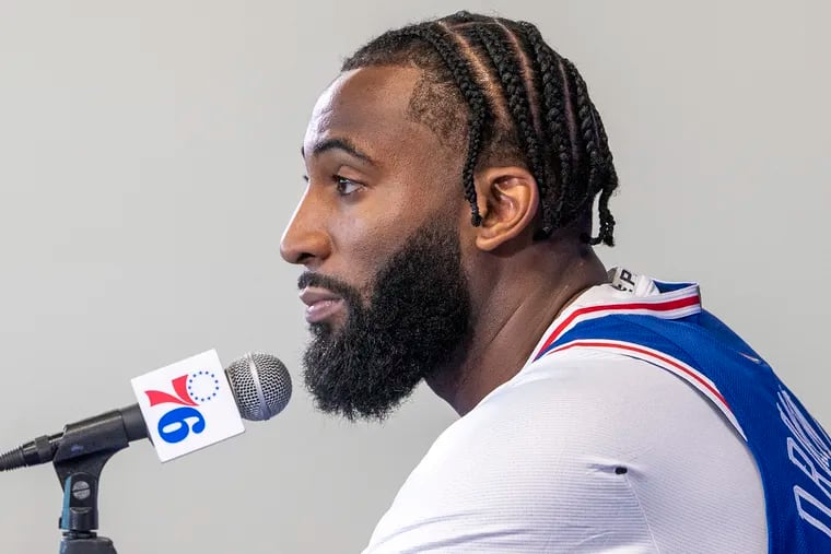 Andre Drummond talks to reporters during media day at the Philadelphia 76ers Training Complex in Camden on Monday.