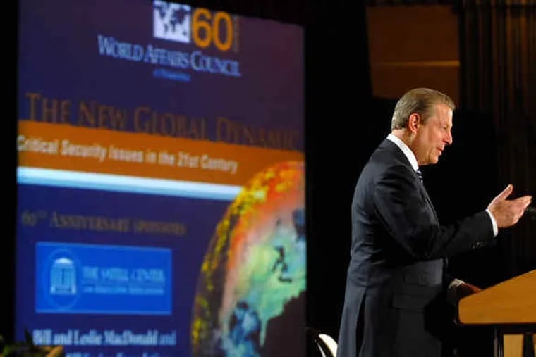 Former Vice President Al Gore addresses the World Affairs Council at the Loews Philadelphia Hotel. The Middle East dominates the global oil market, he said, and leaders keep oil prices high until public sentiment shifts toward a demand for renewable energy instead of oil.