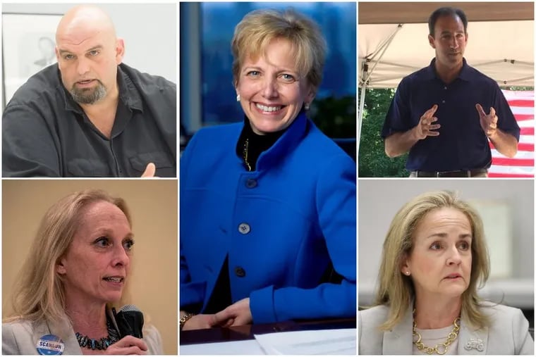 These candidates are endorsed by The Inquirer for the 2018 Pennsylvania primary election — John Fetterman (top left), Mary Gay Scanlon (bottom left), Laura Ellsworth (center), Jeff Bartos (top right), Madeleine Dean (bottom right.)