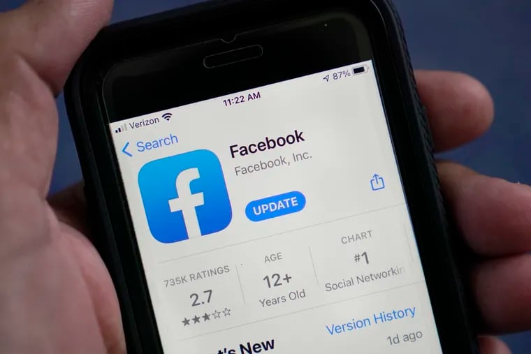 The Facebook app is shown in the app store on a smart phone in Surfside, Fla., in 2021.