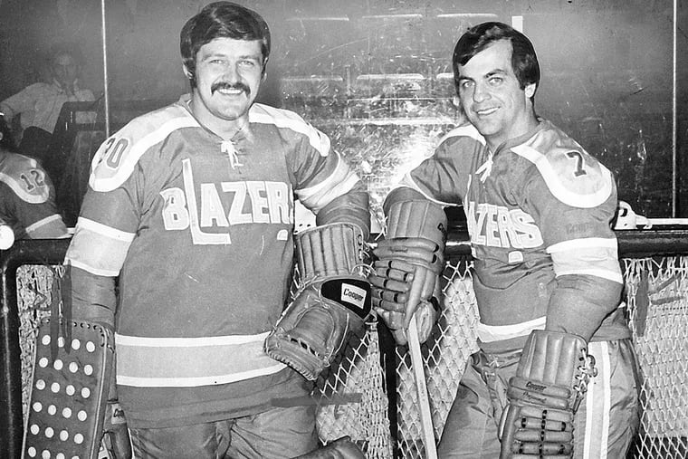 Bernie Parent (left) and Andre LaCroix when they were with the Philadelphia Blazers in Jan. 1973