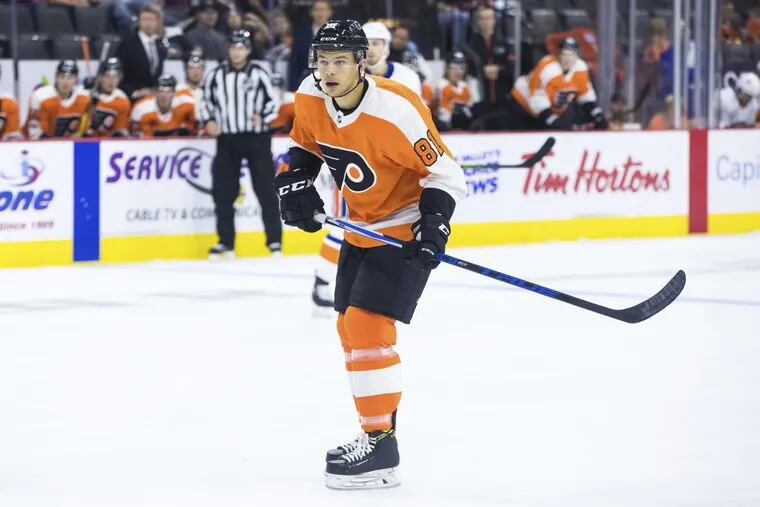 Carsen Twarynski on the ice for the Flyers during a preseason game last year in Allentown.