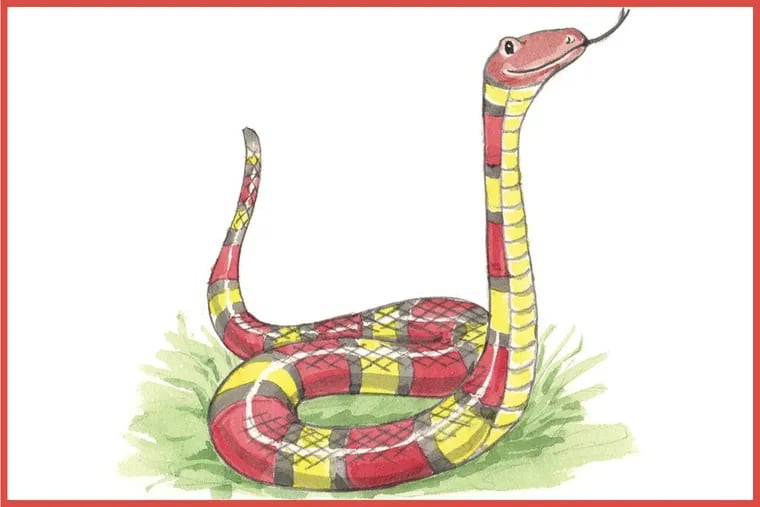 Now you are ready to add color. We have given our snake bands of yellow, red, and black in watercolor. Yours can be one solid color, if you prefer. Give your snake some grass — or an entire environment. #submittedImage