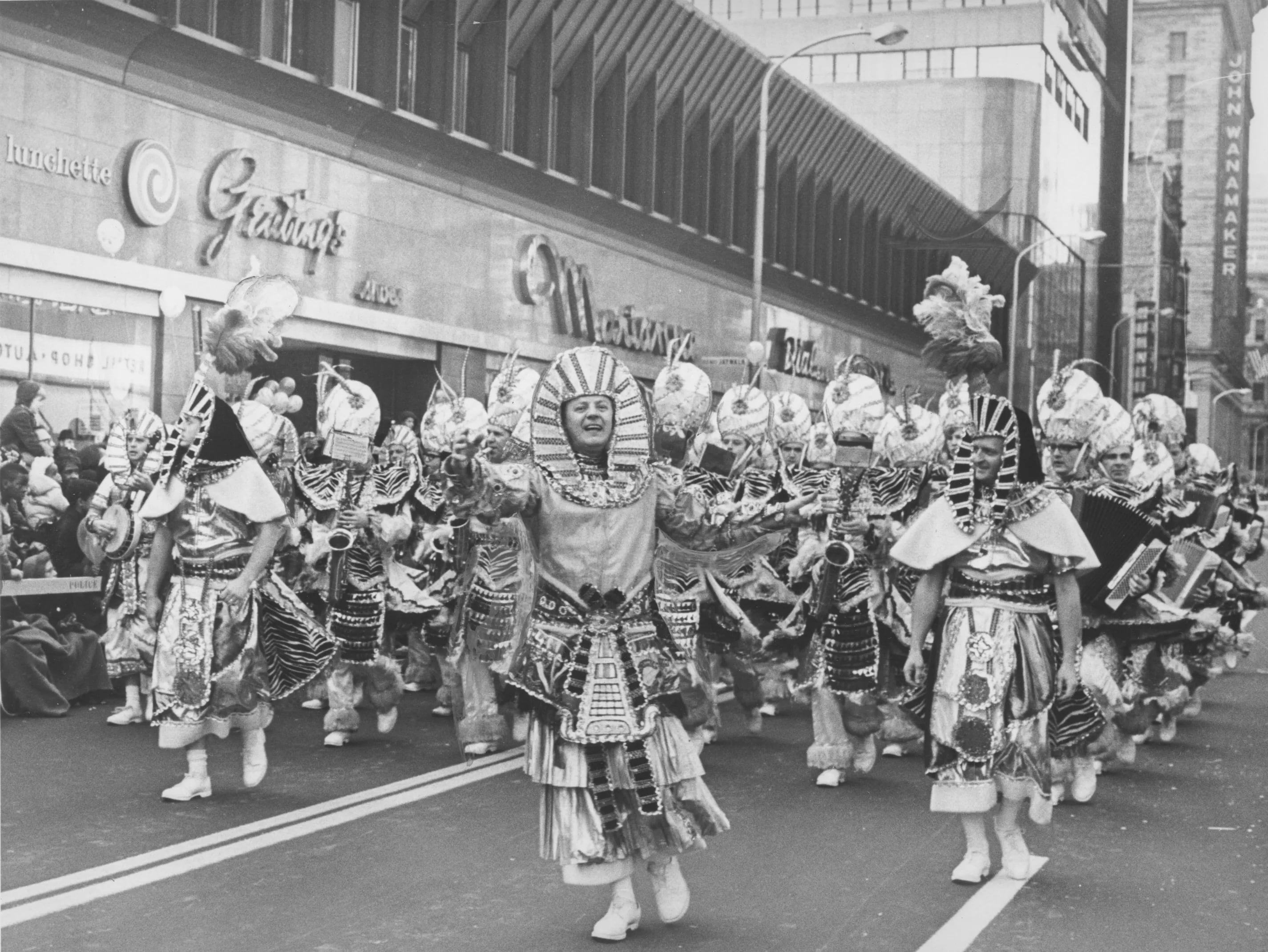 Polish-American String Band represents famed mummers on Market St. between 12th & 13th Sts., at the Thanksgiving Day parade in Center City Philadelphia on Nov. 27, 1969.