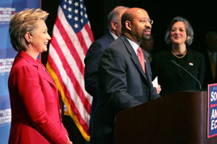 Hillary Clinton is introduced by Mayor Nutter, Gov. Rendell and U.S. Rep. Allyson Y. Schwartz, all Democrats, in Philadelphia Monday. Some question why Nutter didn&#0039;t endorse Barack Obama.
