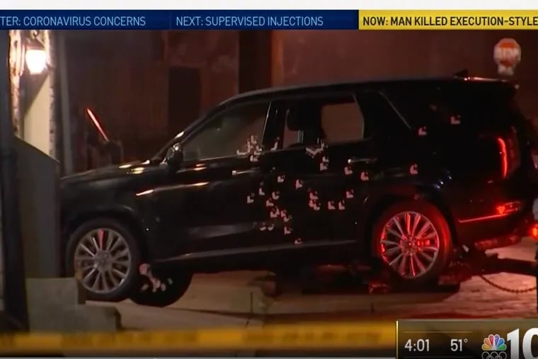NBC10 photo shows SUV in which I-Dean Fulton, 43, was fatally shot during an ambush in the garage of a Manayunk home on Tuesday, Feb. 25, 2020.