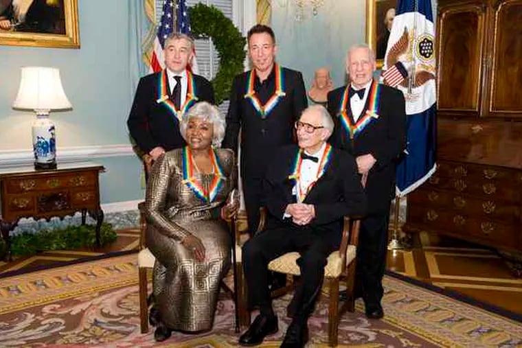 The 2009 Kennedy Center honorees at the dinner for them Saturday. Seated, Grace Bumbryand Dave Bubreck. Standing (from left), Robert De Niro, Bruce Springsteen, and Mel Brooks.A show yesterday in their honor was attended by President Obama and other dignitaries.
