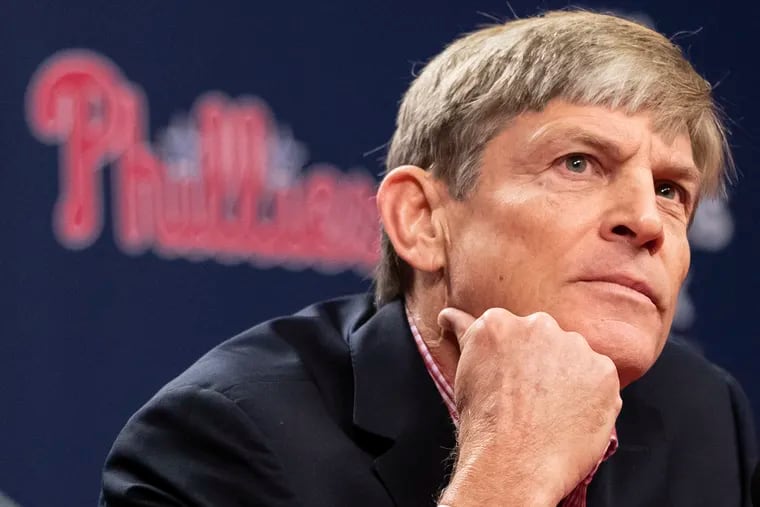 John Middleton, managing partner of the Phillies, thinking before answering a question during a press conference on the firing of manager Gabe Kapler in October.
