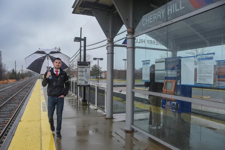 Nick Pittman is a weatherman at SNJ Today and also is a fierce proponent of reopening the Atlantic City Rail Line.   He is walking  on the platform of the Cherry Hill station of the line. Service has been suspended for several months, for upgrades.