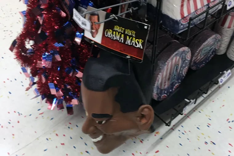 An Obama mask on display at Party City in Delran. Customers objected when some Obama masks were at first displayed next to gorilla masks.