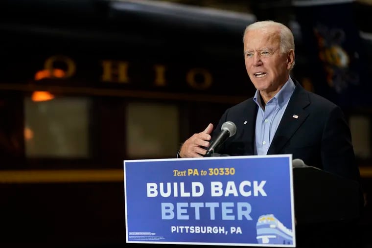 President Joe Biden, then the Democratic nominee for president, campaigns at Amtrak's Pittsburgh station in September during a train tour through Ohio and Pennsylvania. He is scheduled to visit Philadelphia's 30th Street Station on Friday to mark Amtrak's 50th anniversary.