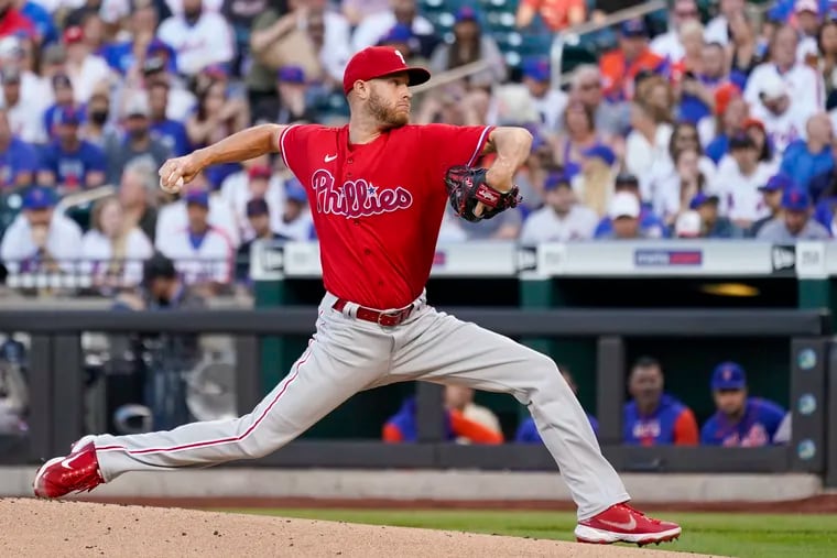 Philadelphia Phillies pitcher Zack Wheeler delivers during the first inning of a baseball game against the New York Mets, Sunday, May 29, 2022, in New York. (AP Photo/Mary Altaffer)