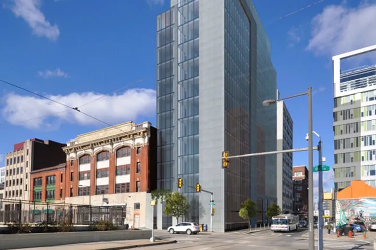 Artist's rendering of apartment building planned for corner of 12th and Vine Streets. Part of the adjacent office building is being converted into a dance club. =