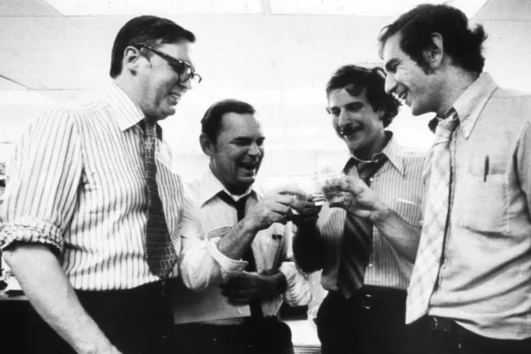 Celebrating the 1978 Pulitizer Prize for Public Service (l to r) Inquirer Associate Editor E. Michael Pakenham, Executive Editor Eugene L Roberts Jr., and reporters William K. Marimow and Jonathan Neumann.