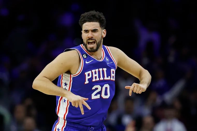 Sixers forward Georges Niang reacts after making a three-point basket against Atlanta on Nov. 28.