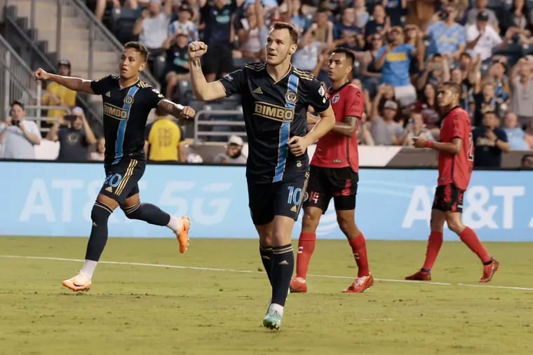 Dániel Gazdag (center) celebrates one of his 22 goals for the Union last year.