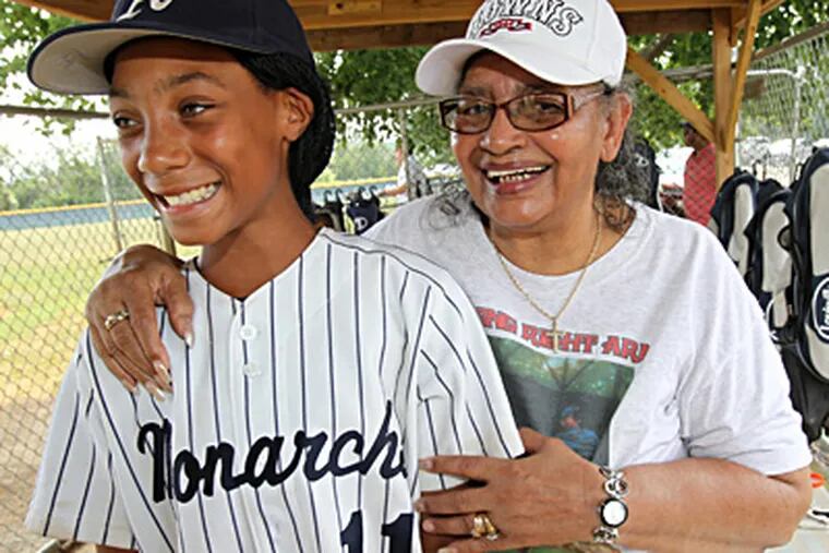 Ex-Negro League pitcher Mamie &quot;Peanut&quot; Johnson with Monarchs ace Mo'ne Davis. CHARLES FOX / Staff photographer