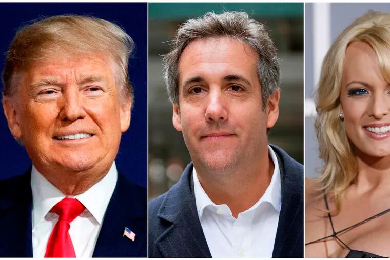 FILE - This combination of file photo shows, from left, President Donald Trump, attorney Michael Cohen and adult film actress Stormy Daniels. Search warrants unsealed Thursday, July 18, 2019, shed new light on the president's role as his campaign scrambled to respond to media inquiries about hush money paid to two women who said they had affairs with him. The investigation involved payments Cohen helped orchestrate to Daniels and Playboy centerfold Karen McDougal.