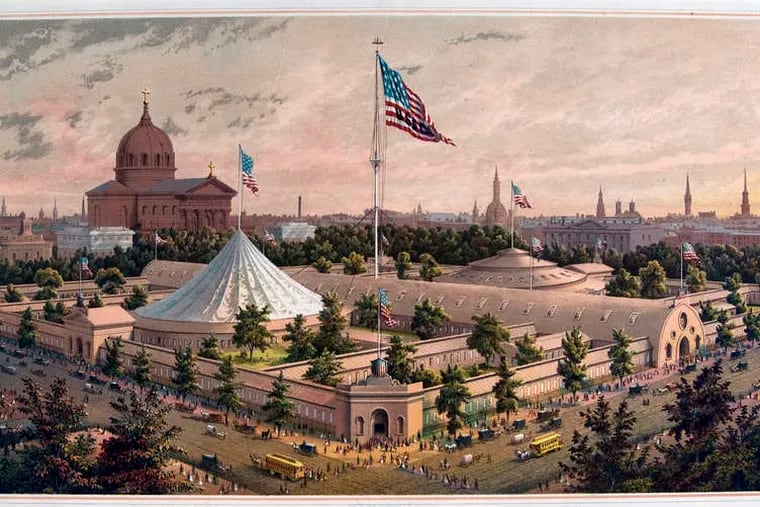 Philadelphia's Great Central Fair of 1864, in Logan Circle, is depicted in a lithograph printed by P.S. Duval & Son from a drawing by James Queen.