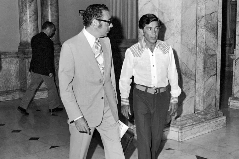July 1971: Reputed Mafia soldier Nicodemo “Little Nickie” Scarfo of Atlantic City, right, and his attorney Salvatore Avena leave the State Commission of Investigation hearing held at the State House in Trenton, New Jersey.
