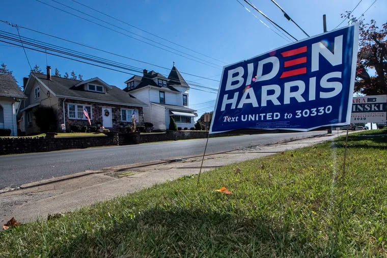 A Biden sign on the front lawn of Wind Gap Mayor Mitchell D. Mogilski.