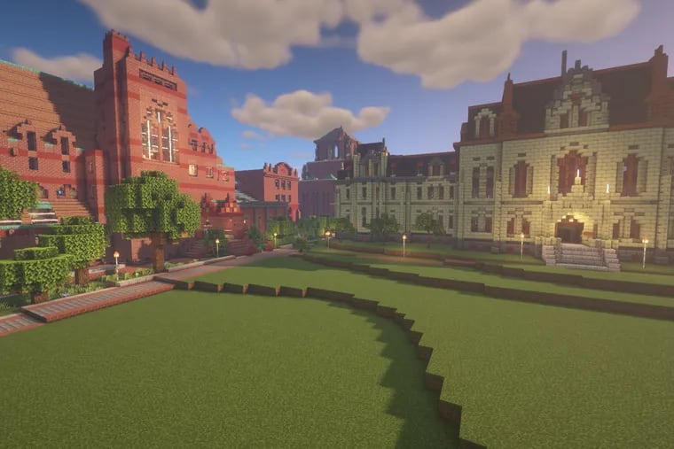 A view of Penn's Minecraft campus. On the left is Fisher Fine Arts Library, "built" by student Michael Willhoit, and on the right is College hall, "built" by student Andrew Roberts.