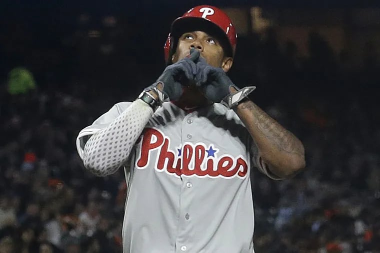 Nick Williams celebrates after hitting a home run on Thursday night in San Francisco. Williams’ blast  won $1,000 for a loyal Phils’ fan back home. (AP Photo/Jeff Chiu)