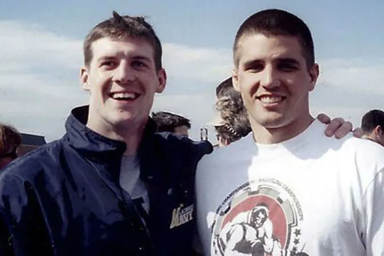 Brendan Looney (left) and Travis Manion,  roommates at the U.S. Naval Academy who are now buried side by side at Arlington National Cemetery. Manion was killed in action in 2007, while Looney died in 2010. The author is the sister of Travis Manion.