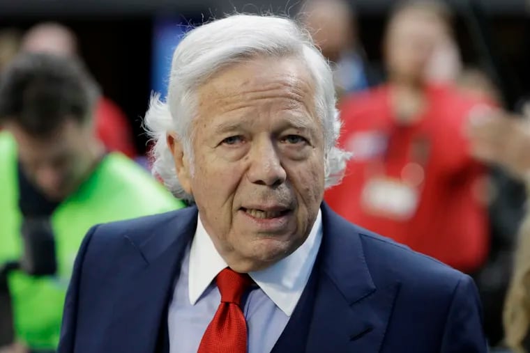 FILE - In this Feb. 4, 2018, file photo, New England Patriots owner Robert Kraft, arrives at U.S. Bank Stadium before the NFL Super Bowl 52 football game against the Philadelphia Eagles in Minneapolis. (AP Photo/Chris O'Meara, File)