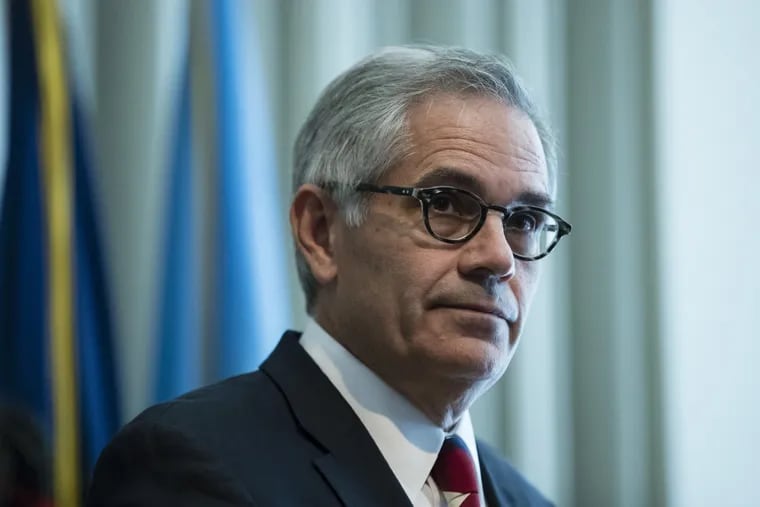 Philadelphia District Attorney Larry Krasner speaks with members of the media during a Tuesday news conference.