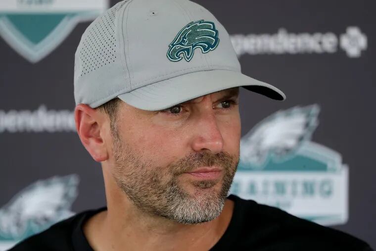 Eagles offensive coordinator Mike Groh talking with reporters earlier this month.