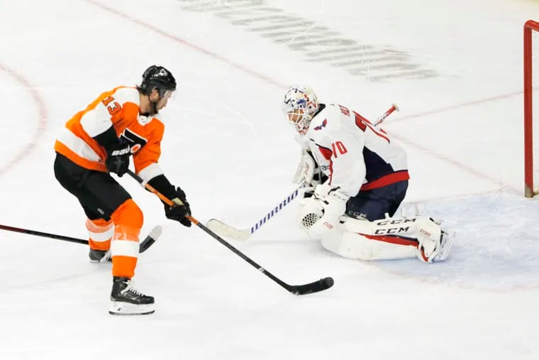 Flyers'center Kevin Hayes beats Braden Holtby and scores a shorthanded goal that turned out to be the winner in a 3-2 victory over Washington on Jan. 8. This season, the Flyers went 3-0-1 against the Caps, one of the teams they will face in a round-robin tournament to determine seedings in the playoffs.