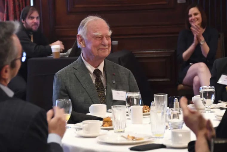 H.F. “Gerry” Lenfest is applauded during the Lenfest Institute breakfast on May 3.