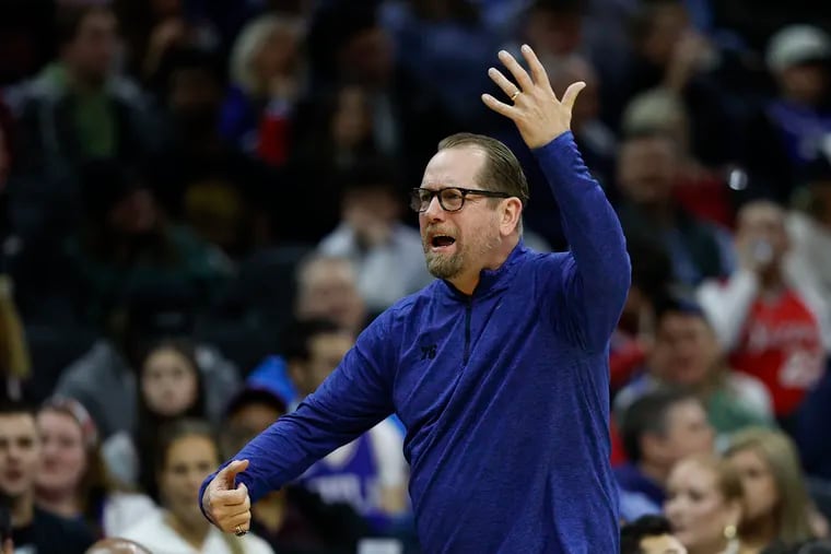Sixers Head Coach Nick Nurse reacts on a non-foul call on his team during the first quarter against the Utah Jazz on Saturday, January 6, 2024 in Philadelphia.