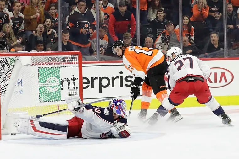 Flyers center Kevin Hayes scoring a third-period, shorthanded goal against Columbus goaltender Joonas Korpisalo in a 7-4 comeback win over the visiting Blue Jackets on Oct. 26.