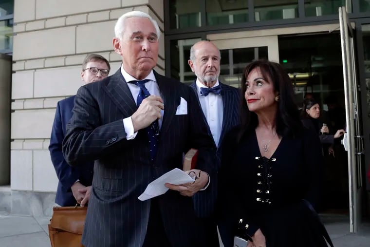 Roger Stone, left, with his wife Nydia Stone, leaves federal court in Washington, Friday, Nov. 15, 2019. Stone, a longtime friend of President Donald Trump, has been found guilty at his trial in federal court in Washington.