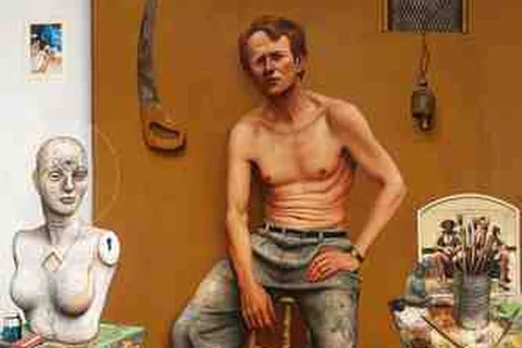 Gregory Gillespie's work is both a self-portrait and a portrait of his friend William Beckman. The studio is Gillespie's, and Gillespie's body has been attached to Beckman's head.