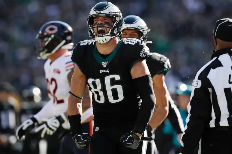 Eagles tight end Zach Ertz celebrates after scoring a touchdown during the second quarter of Sunday's 22-14 win over the Bears at Lincoln Financial Field.