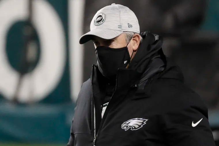 Eagles head coach Doug Pederson during team warms-up before the Eagles lost to the Washington Football Team on Sunday.