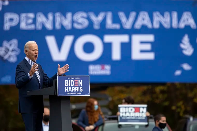 President-elect Joe Biden speaks at an event at Bucks County Community College in Bristol on Oct. 24.