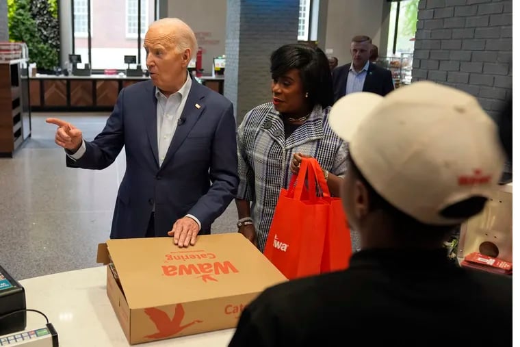 President Joe Biden and Philadelphia Mayor Cherelle Parker purchase items at the Wawa store at 6th and Chestnut Streets on Thursday.