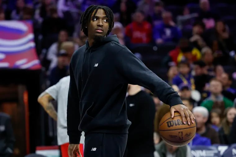 Injured Sixers guard Tyrese Maxey dribbles the basketball during a break against the New Orleans Pelicans on Friday, March 8, 2024 in Philadelphia.