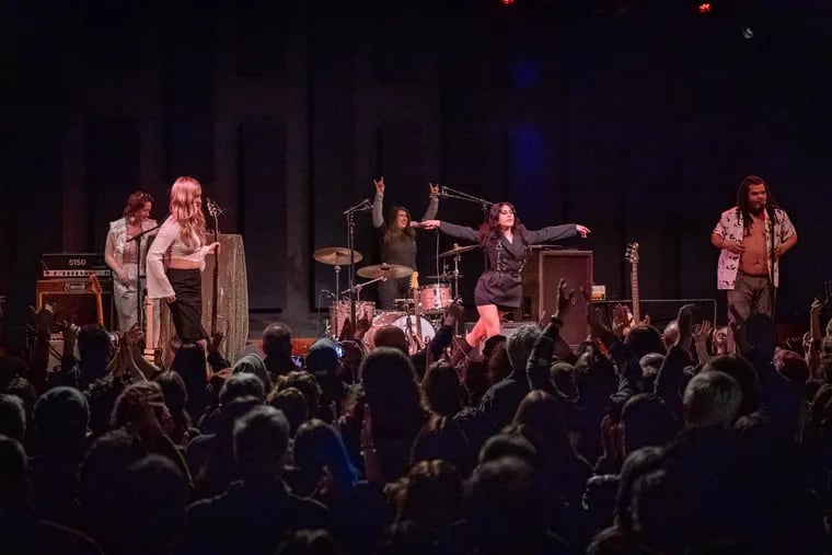 (Left to Right) Carolyn Haynes, Maxine Steen, Kaleen Reading, Marisa Dabice and Colins “Bear” Regisford, bandmates in Philly punk (and pop) band Mannequin Pussy, perform at a free concert at the World Cafe Live, in Philadelphia, Friday, February 9, 2024
