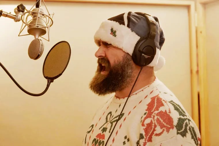 Philadelphia Eagles center Jason Kelce sings a Christmas song. Kelce and his fellow Eagles offensive linemen Jordan Mailata and Lane Johnson have recorded a holiday album called 'A Philly Special Christmas.'