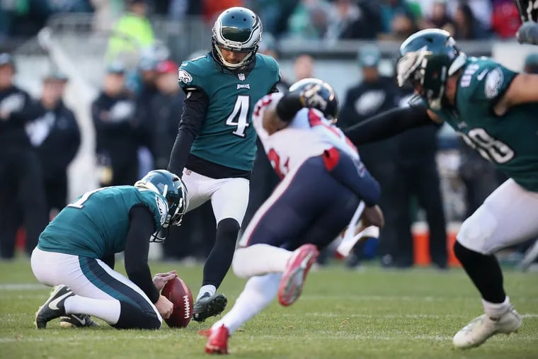 Eagles kicker Jake Elliott (4) kicks a field goal in the third quarter of a game against the Houston Texans at Lincoln Financial Field in South Philadelphia on Sunday, Dec. 23, 2018. The Eagles won 32-30. TIM TAI / Staff Photographer