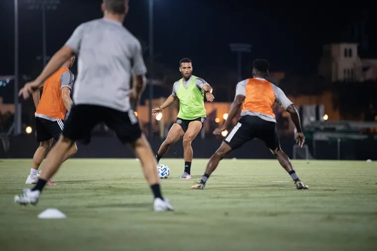 Union forward Andrew Wooten, center, on the ball in a training session on July 17, 2020 during the MLS Is Back Tournament.