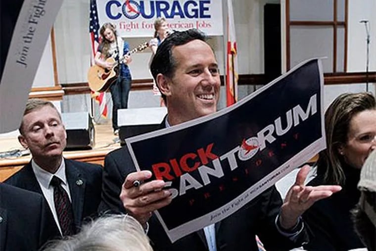 Republican presidential candidate, former Pennsylvania Sen. Rick Santorum visits with supporters during a rally, Monday, March 12, 2012, in Montgomery, Ala.  (AP Photo / Eric Gay)